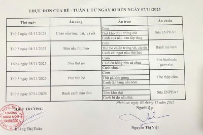 Thực đơn của bé- Tuần 1. từ ngày 03 đến ngày 07/11/2025